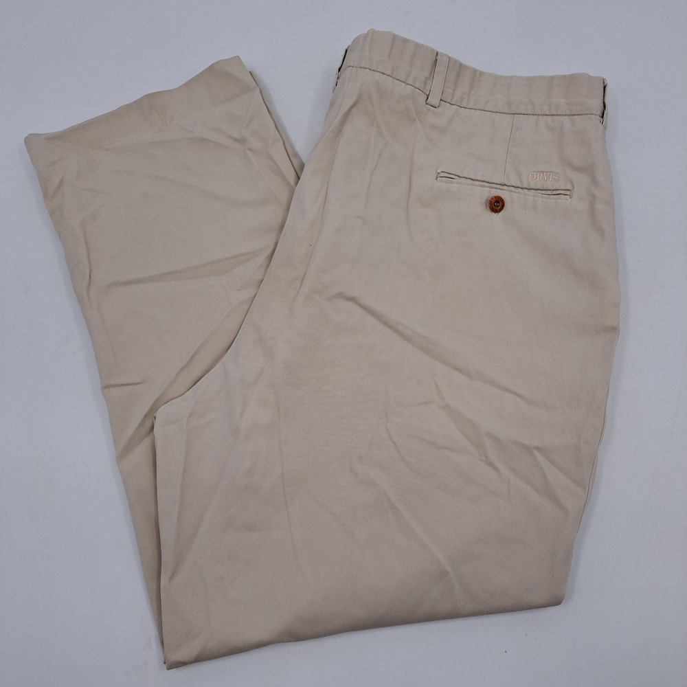 Orvis Chino Pants Mens 42x30 100% Cotton Khaki Tan Solid Flat Front Straight Leg